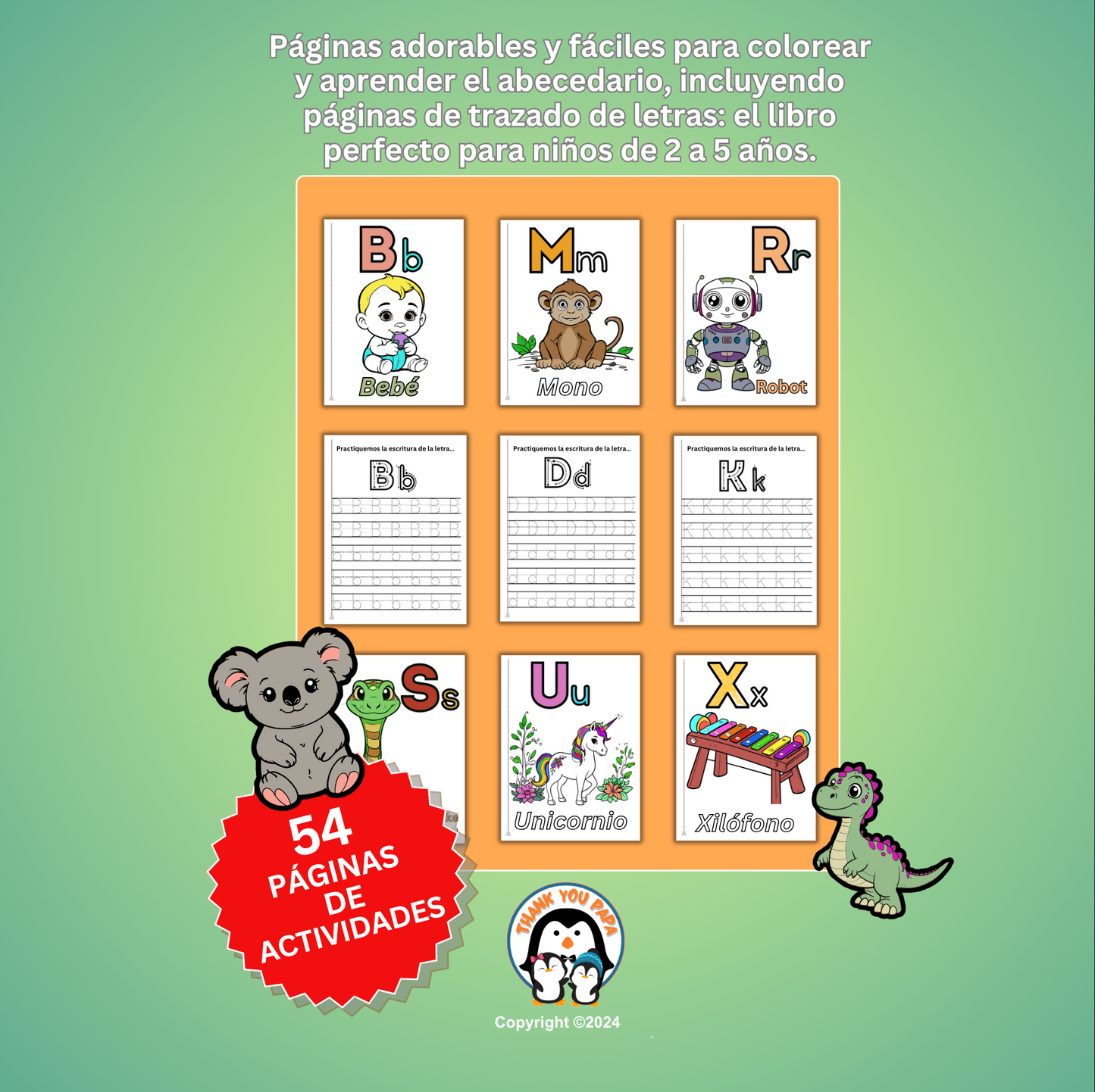 El ABC libro de colorear para niños con 54 páginas de actividades para aprender el abecedario.